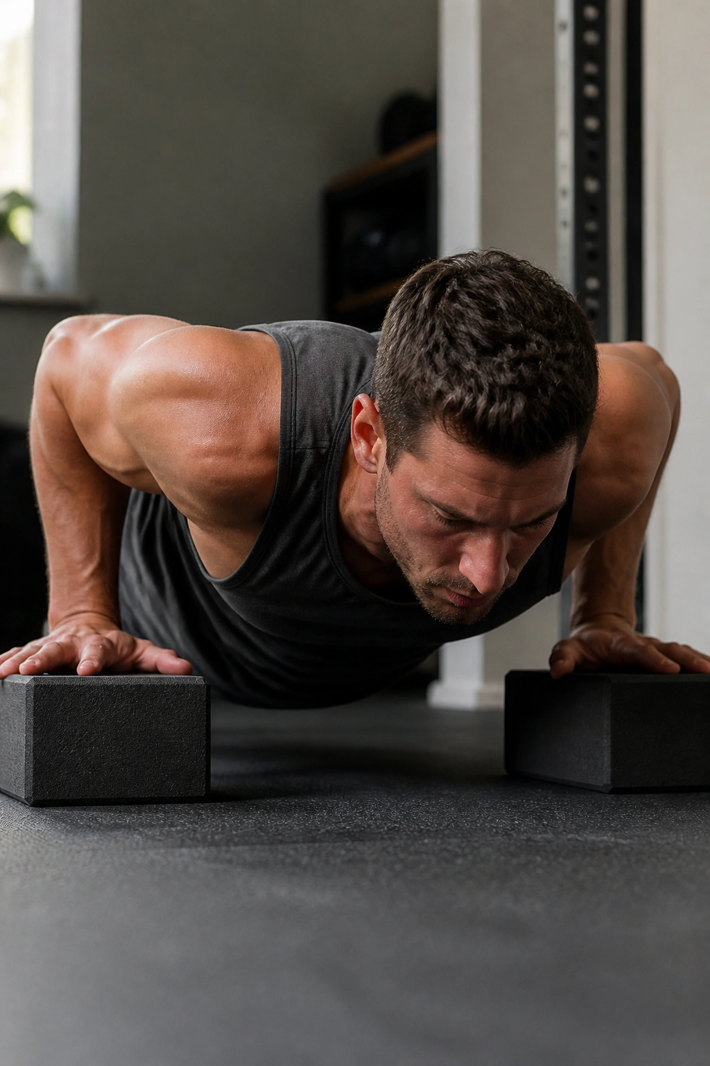 Close-up of a deficit push-up with hands on blocks in a home setting.