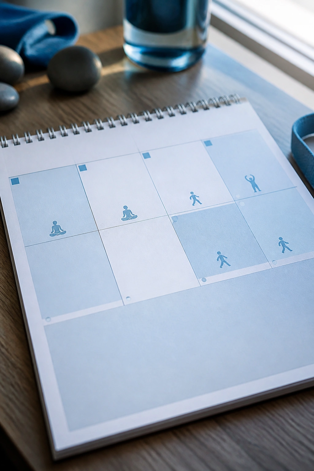 Close-up of a deload calendar with lighter blocks and recovery icons on a desk