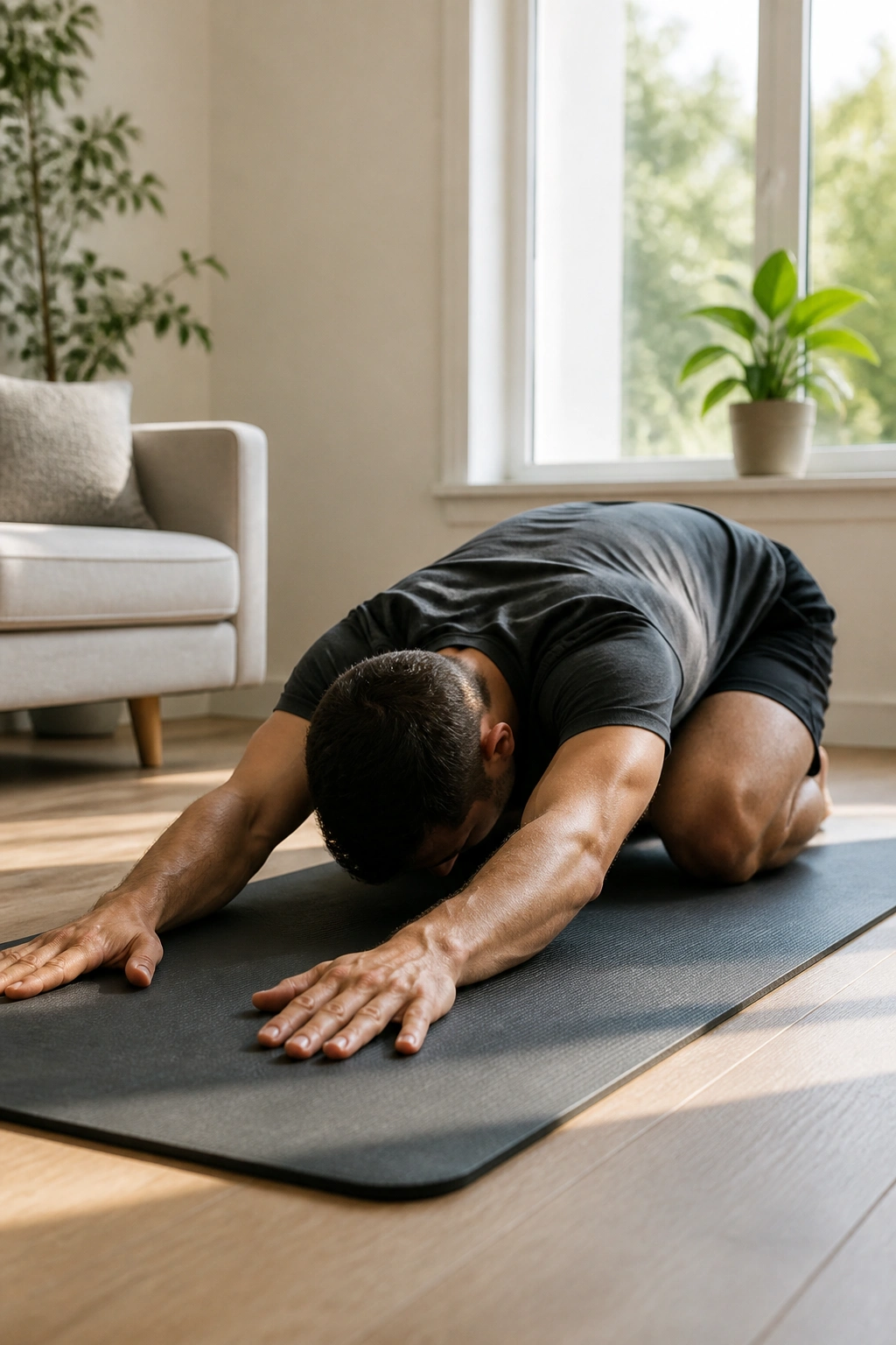 Person doing gentle mobility on a mat for deload recovery