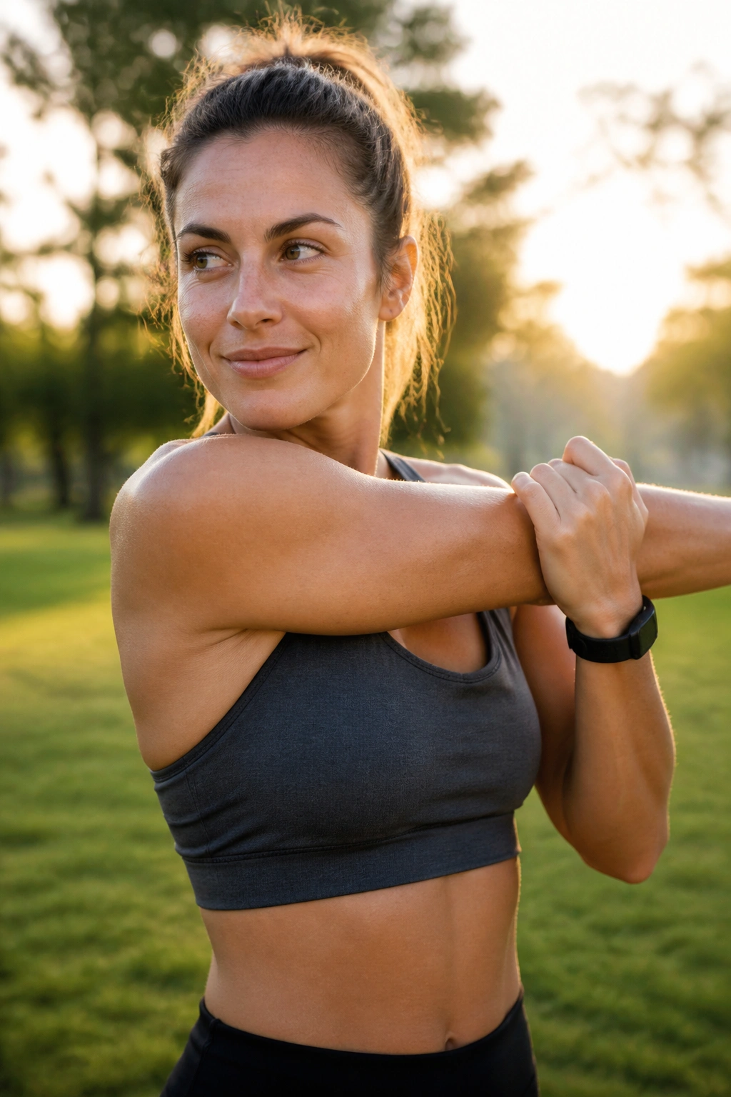 Medium close-up of a fit adult performing a light mobility stretch in a sunlit park
