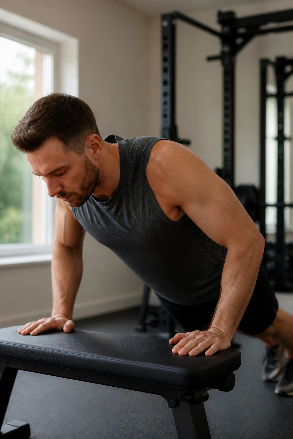 Close-up of a person performing a light incline push-up in a home gym during deload