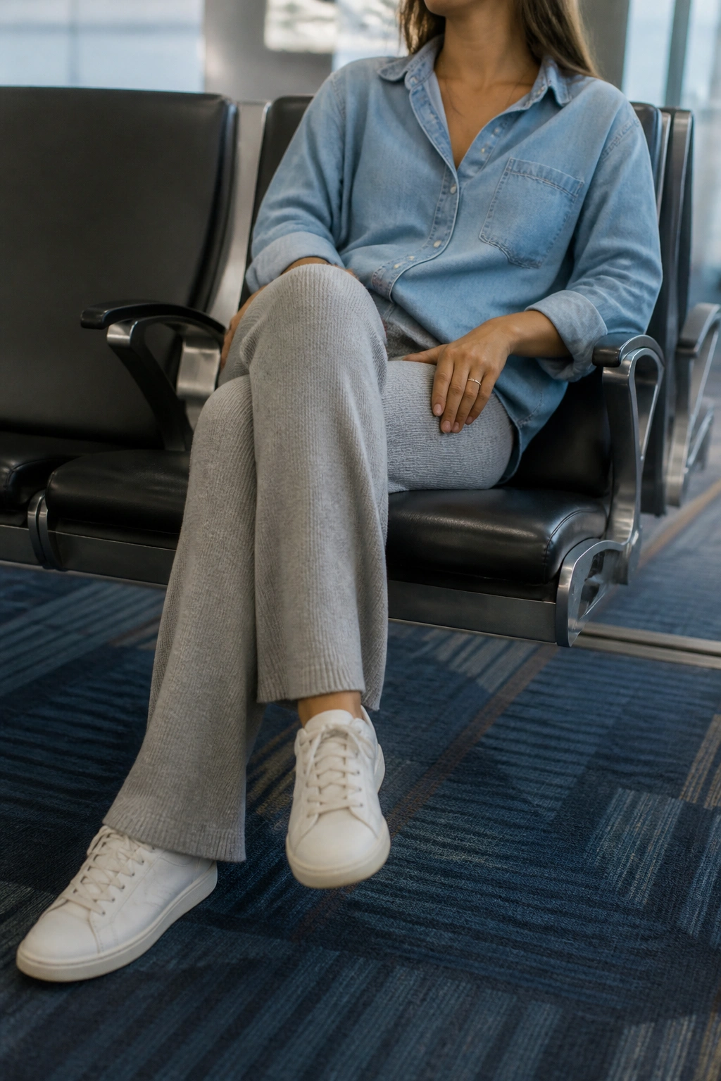 Person wearing soft denim shirt and knit trousers in an airport lounge