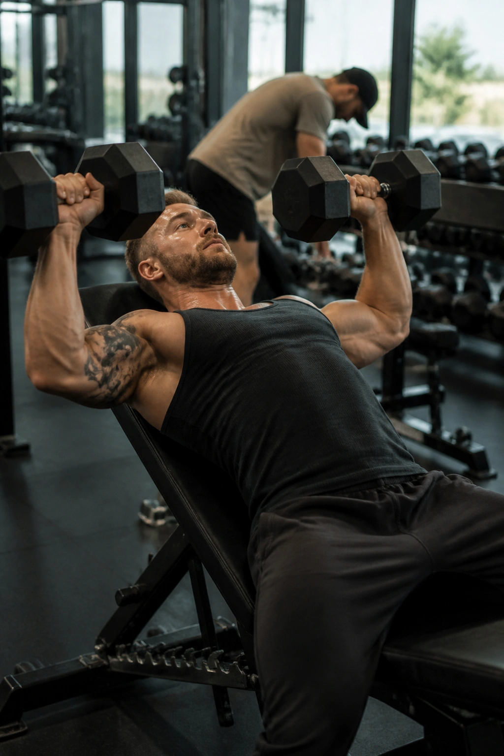 Lifter performing incline dumbbell press in a gym during a density block