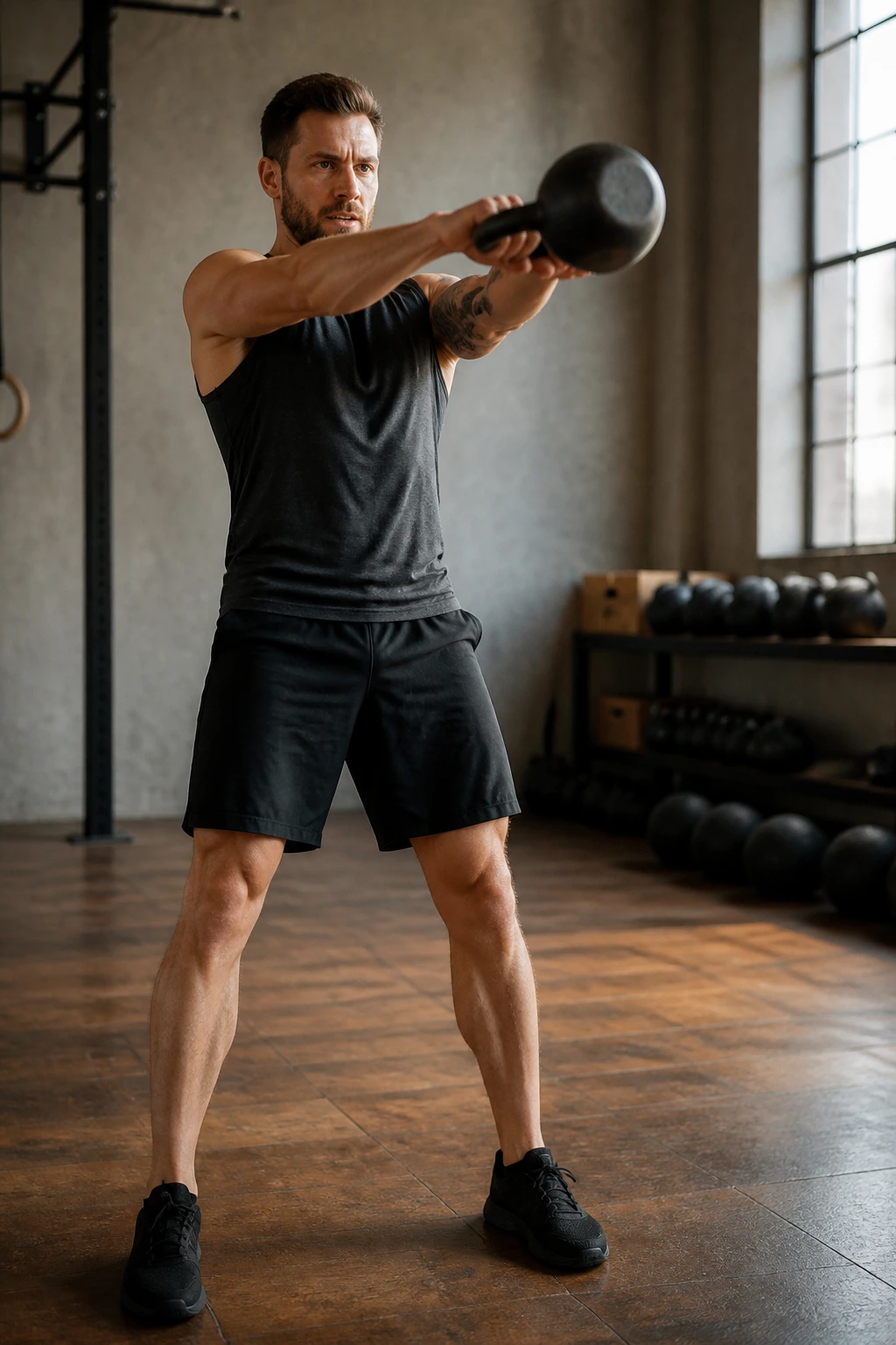 Athlete performing kettlebell swing as part of density circuit