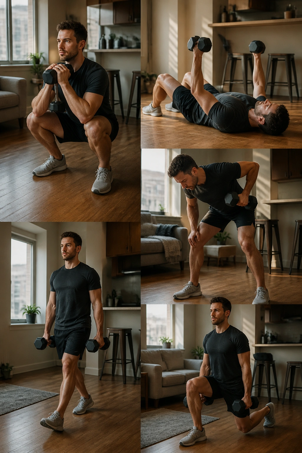 Real person performing a density circuit in a small space using dumbbells, demonstrating fluid transitions.