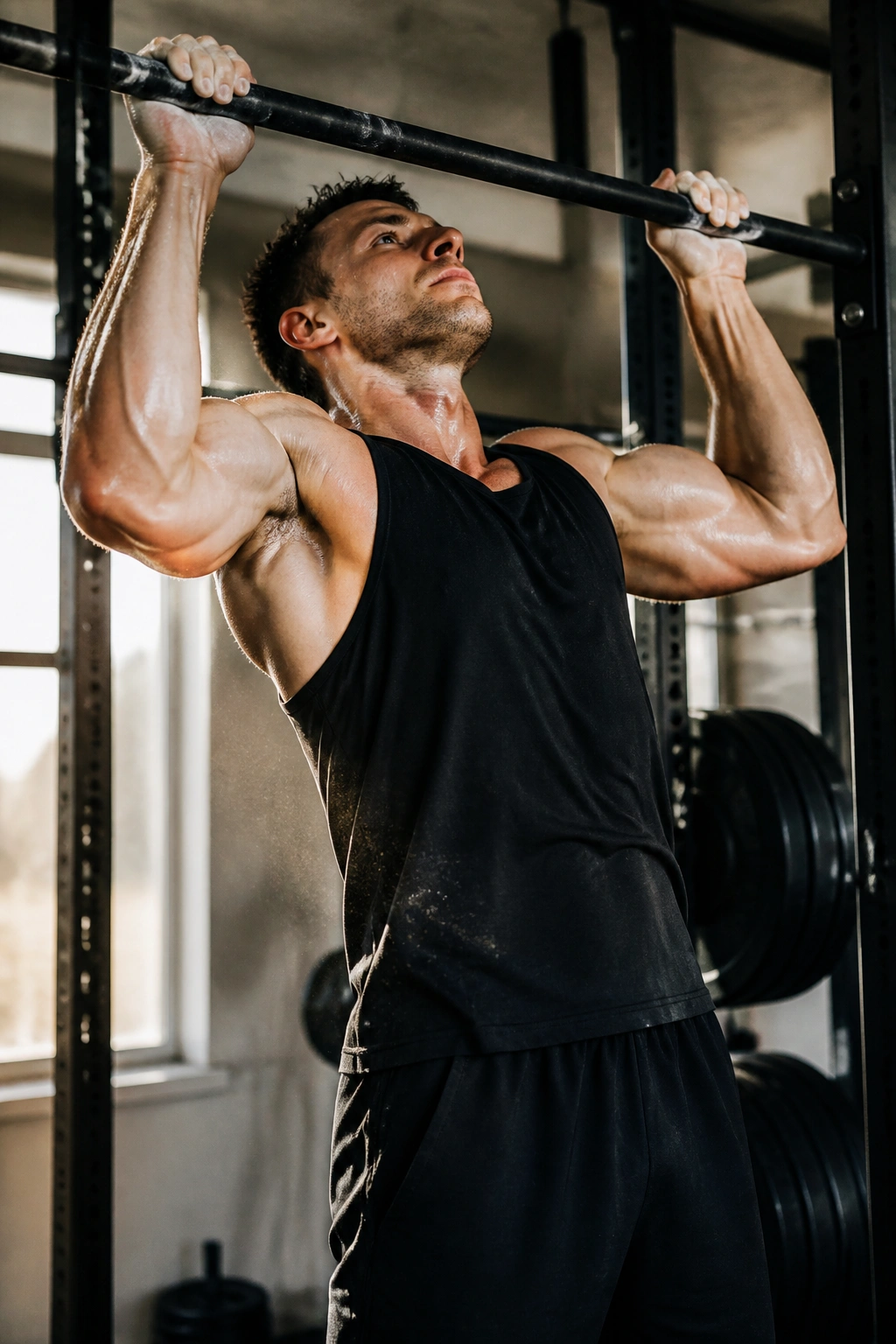 Close-up of athlete performing ladder pull-ups in a gym, density ladder workout
