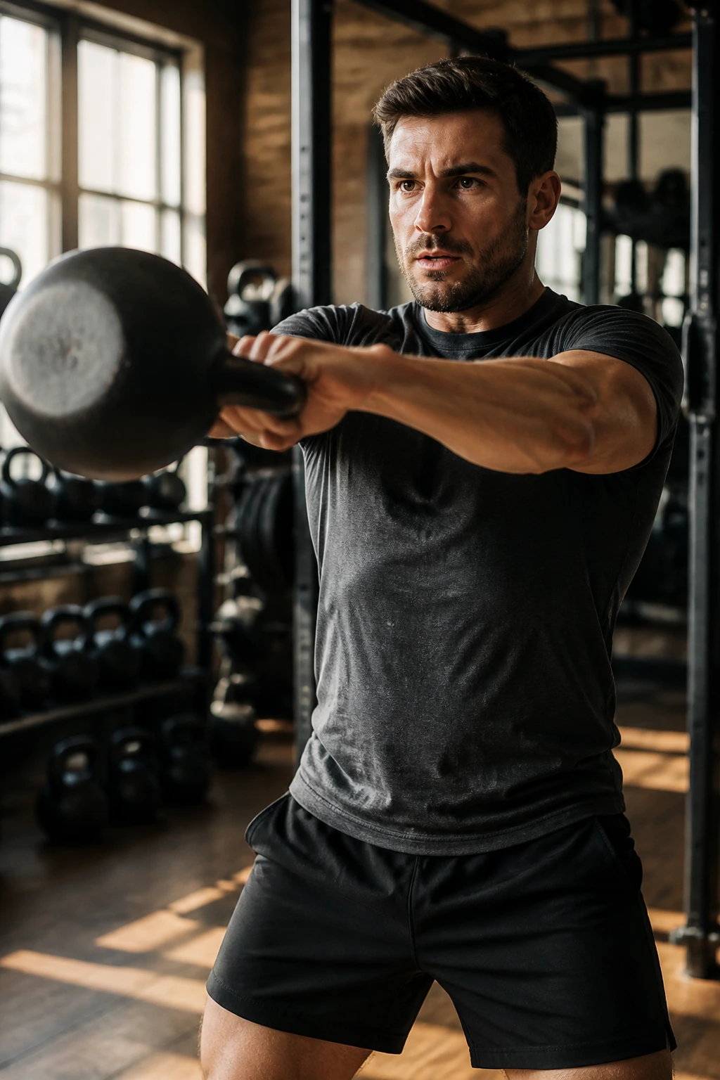 Medium close-up of a lifter performing kettlebell swing in a gym for density endurance
