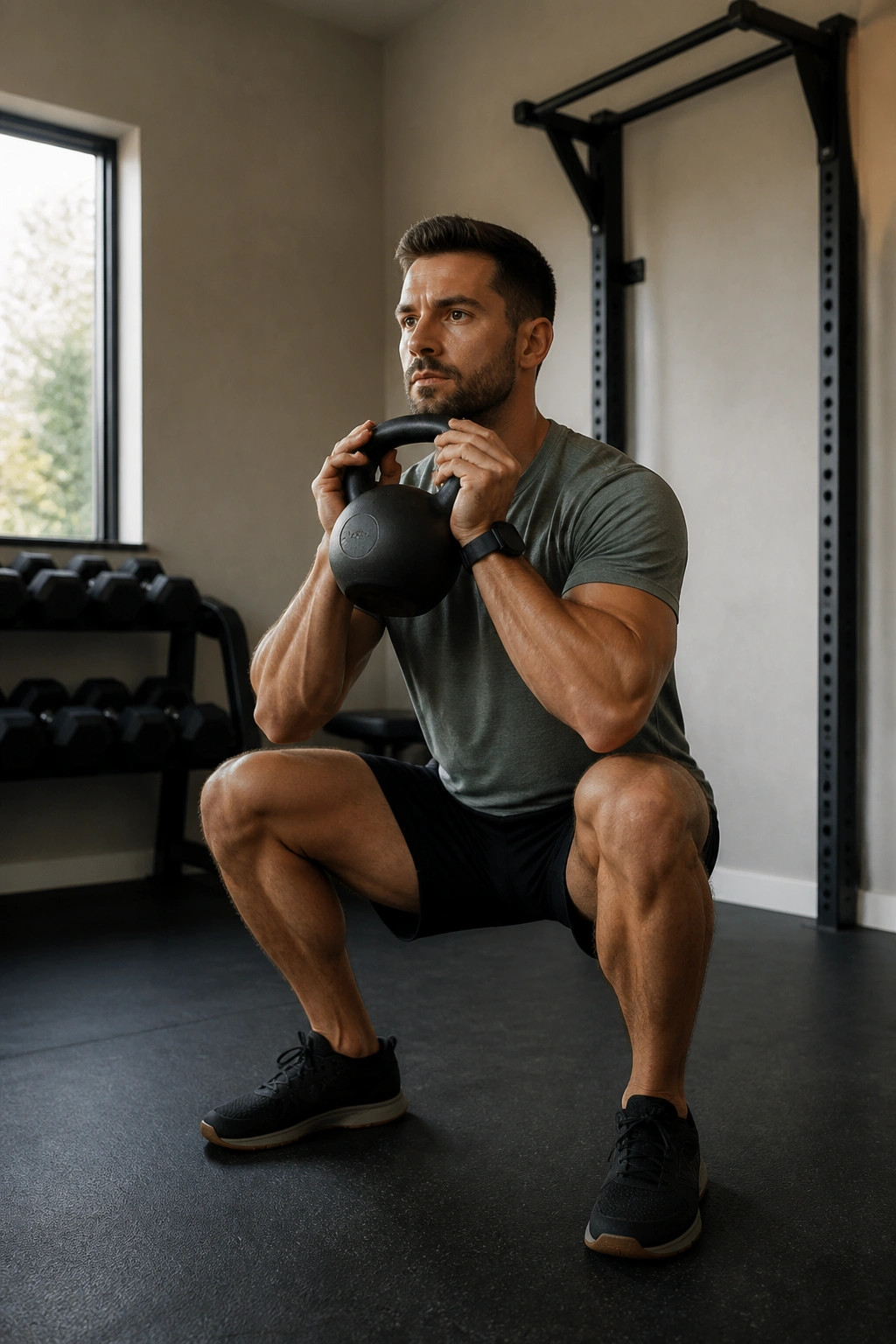 Goblet squats in a compact home gym