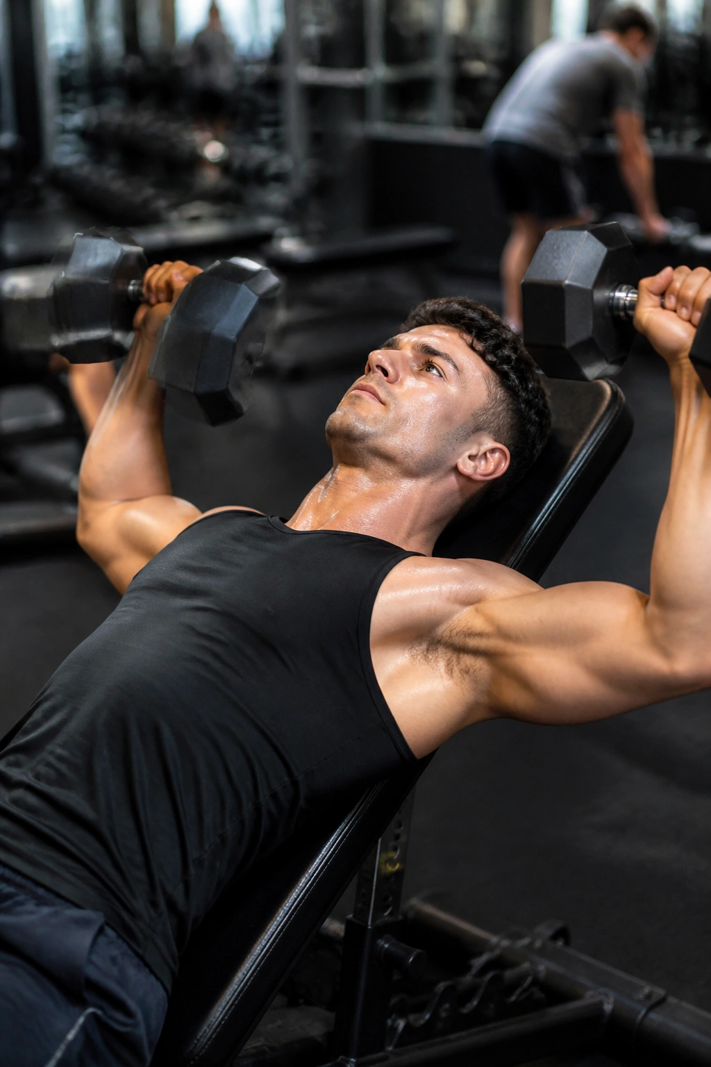 Real person performing a dense upper-body exercise in a compact gym setting.