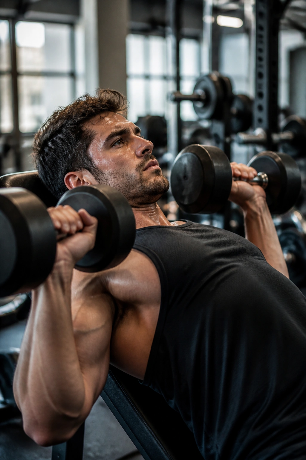 Medium-close view of lifter doing incline dumbbell press in a gym.