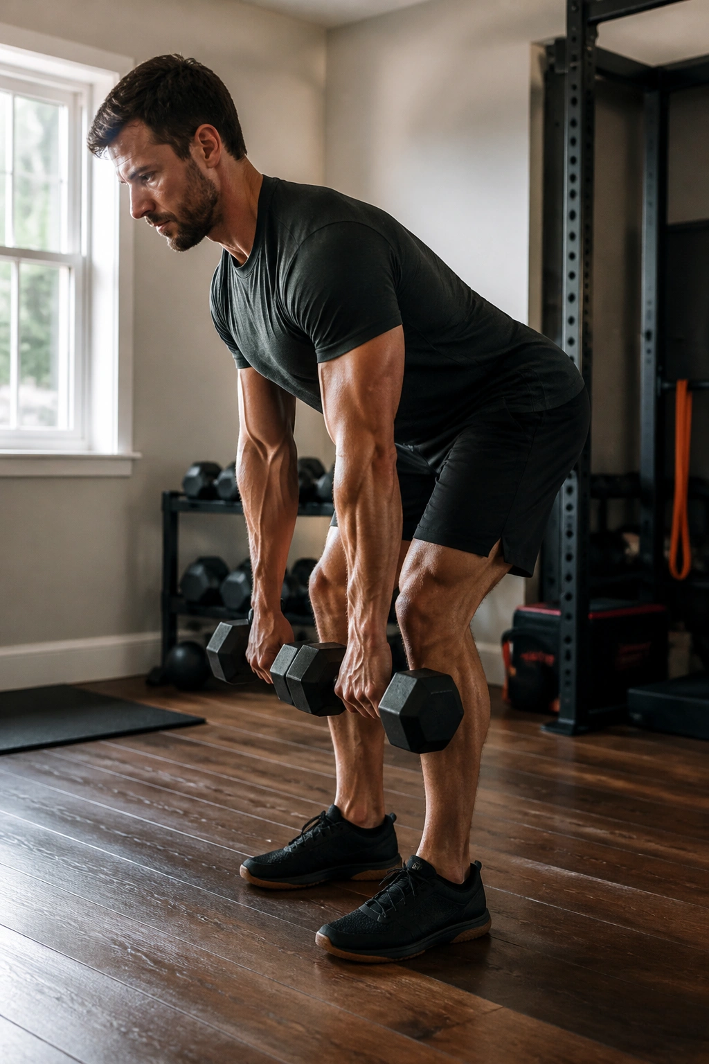 Real person performing a Romanian deadlift with dumbbells in a compact home gym