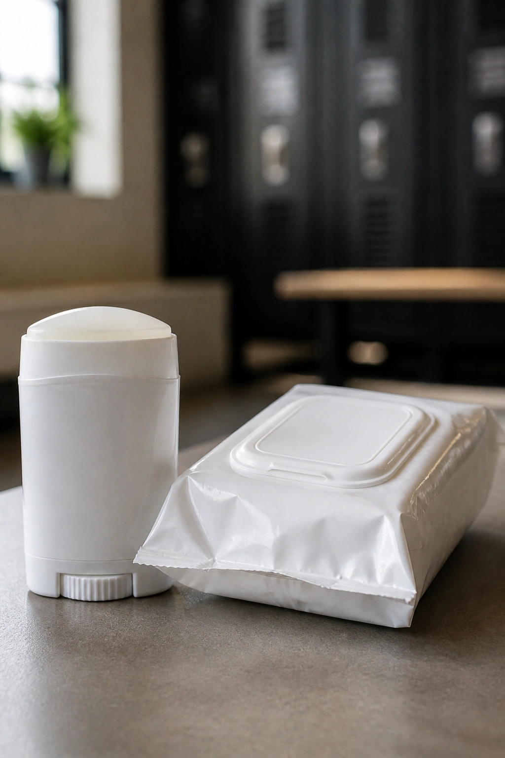 Travel-size deodorant and body wipes on a clean surface in a gym setting