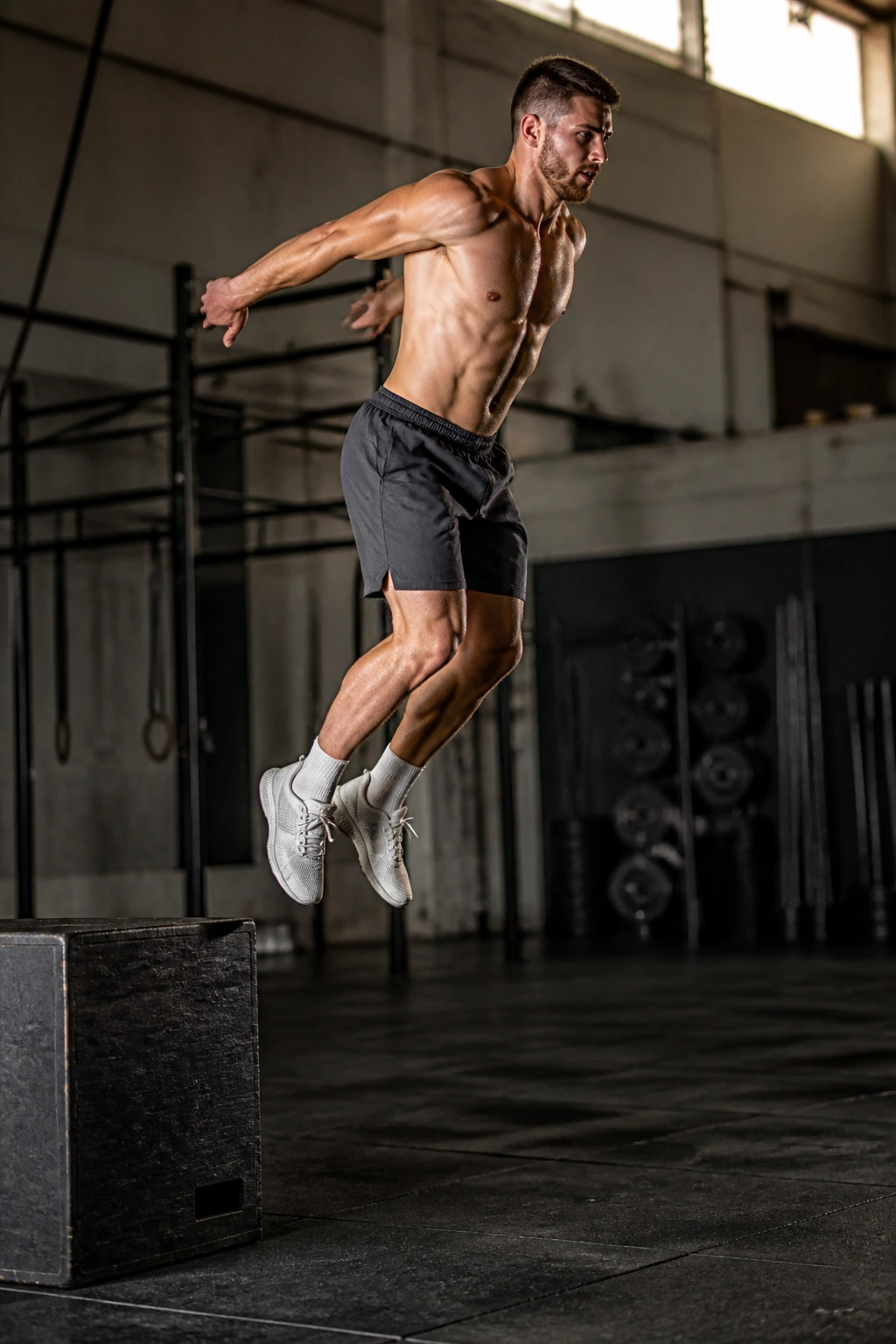 Athlete performing a depth jump from a box into a vertical jump