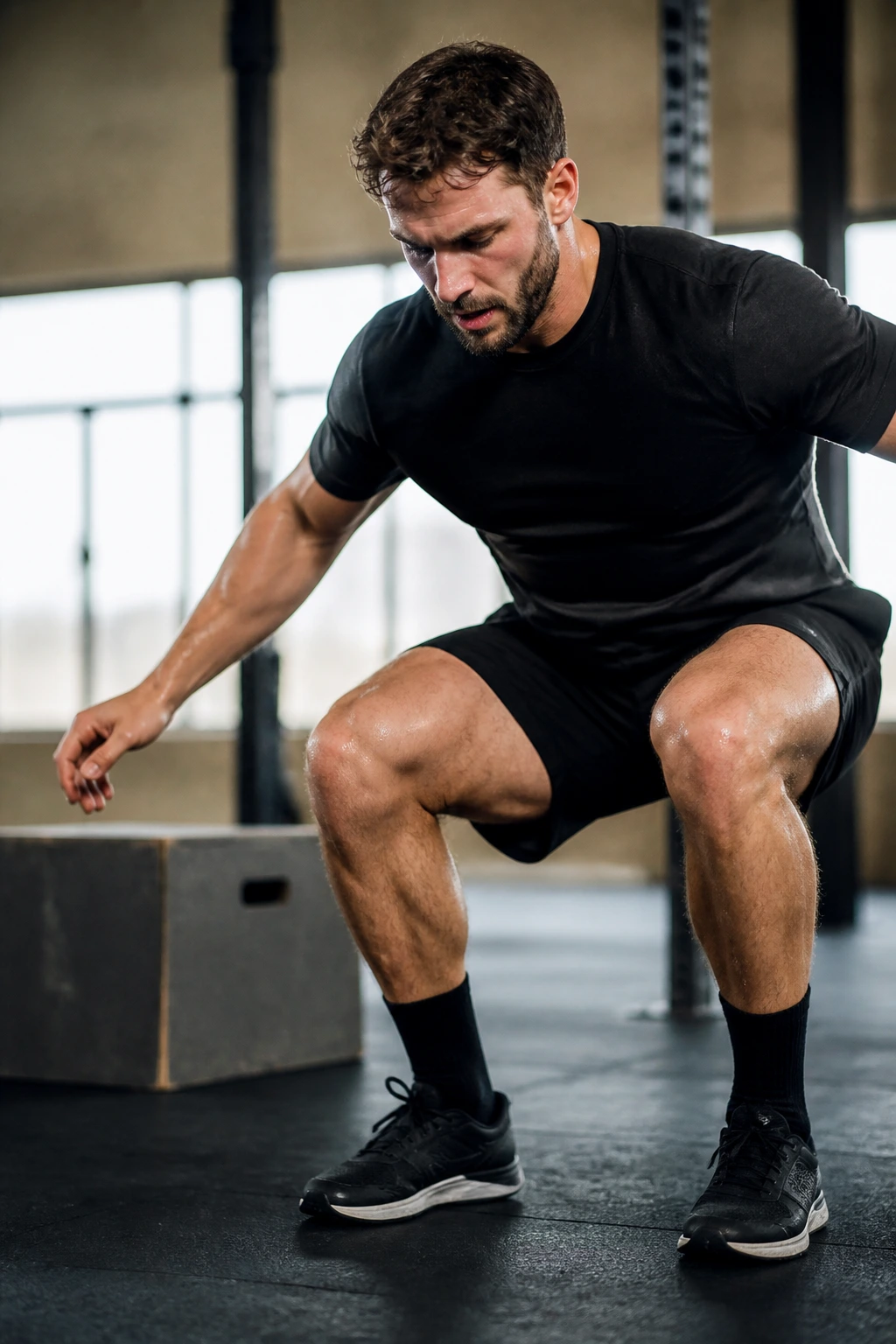 Athlete landing from a depth jump in a gym with a low box in view