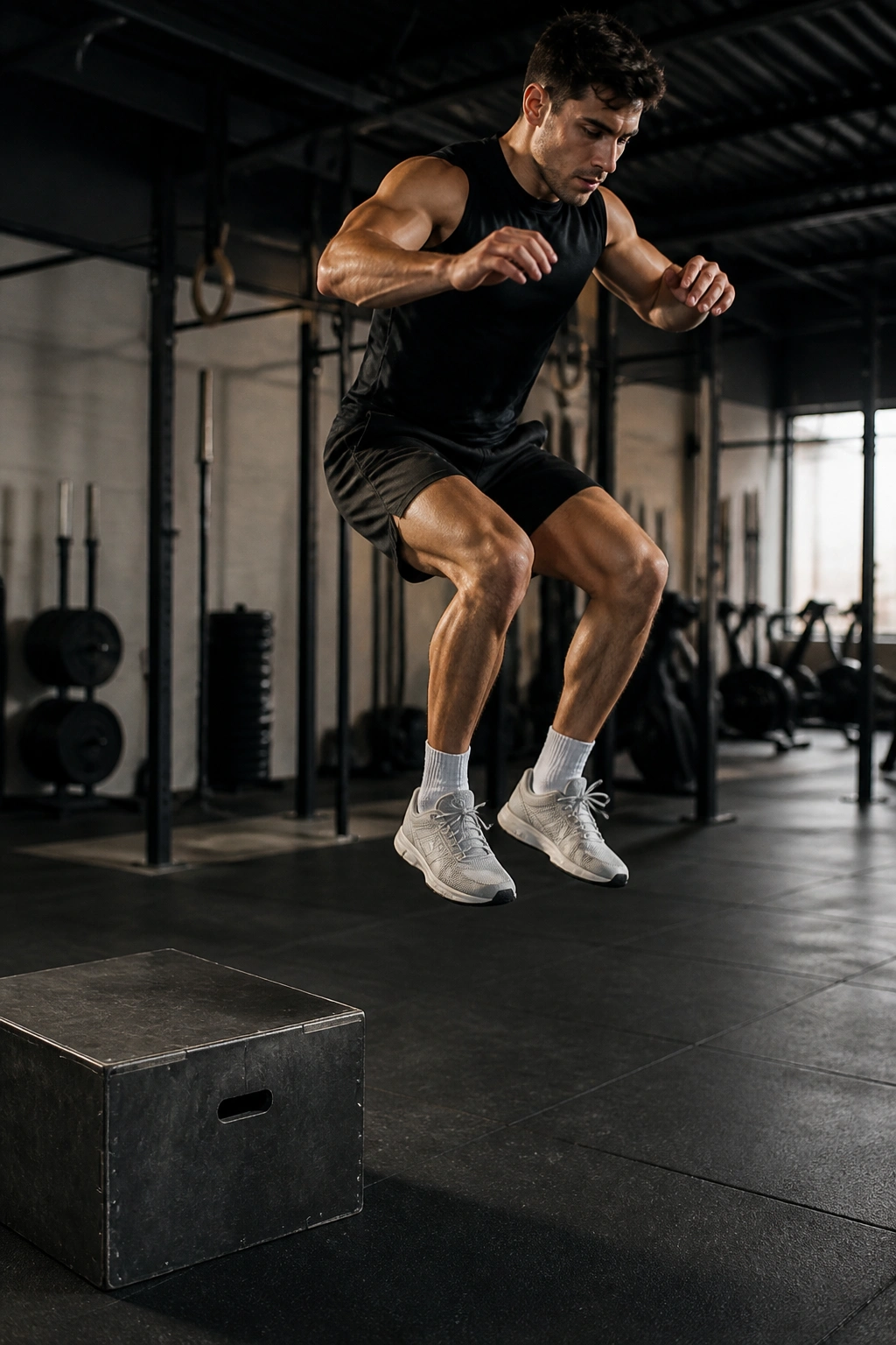 Athlete performing a depth jump off a box
