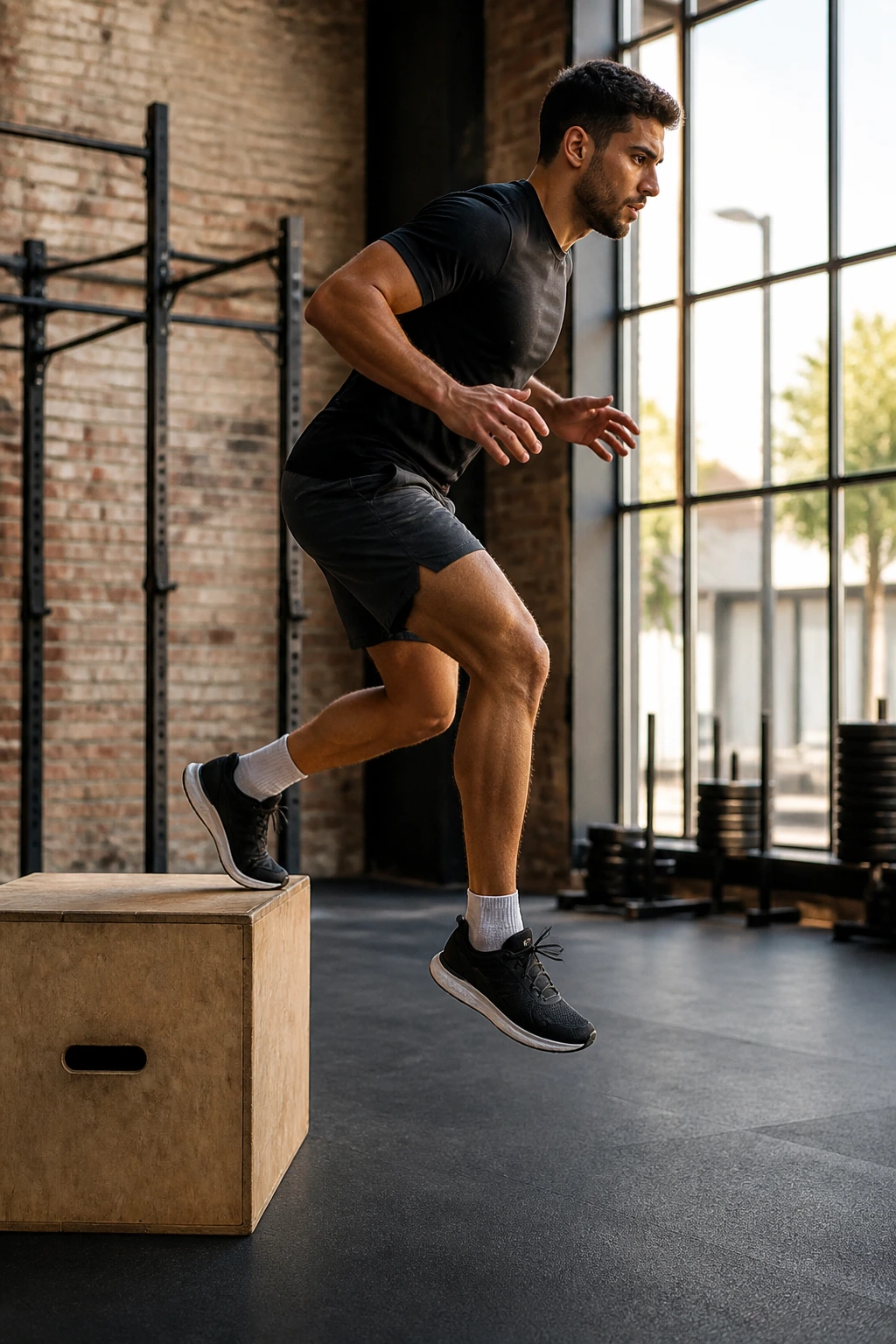 Athlete stepping off a low box for depth jumps in a gym with quick rebound.