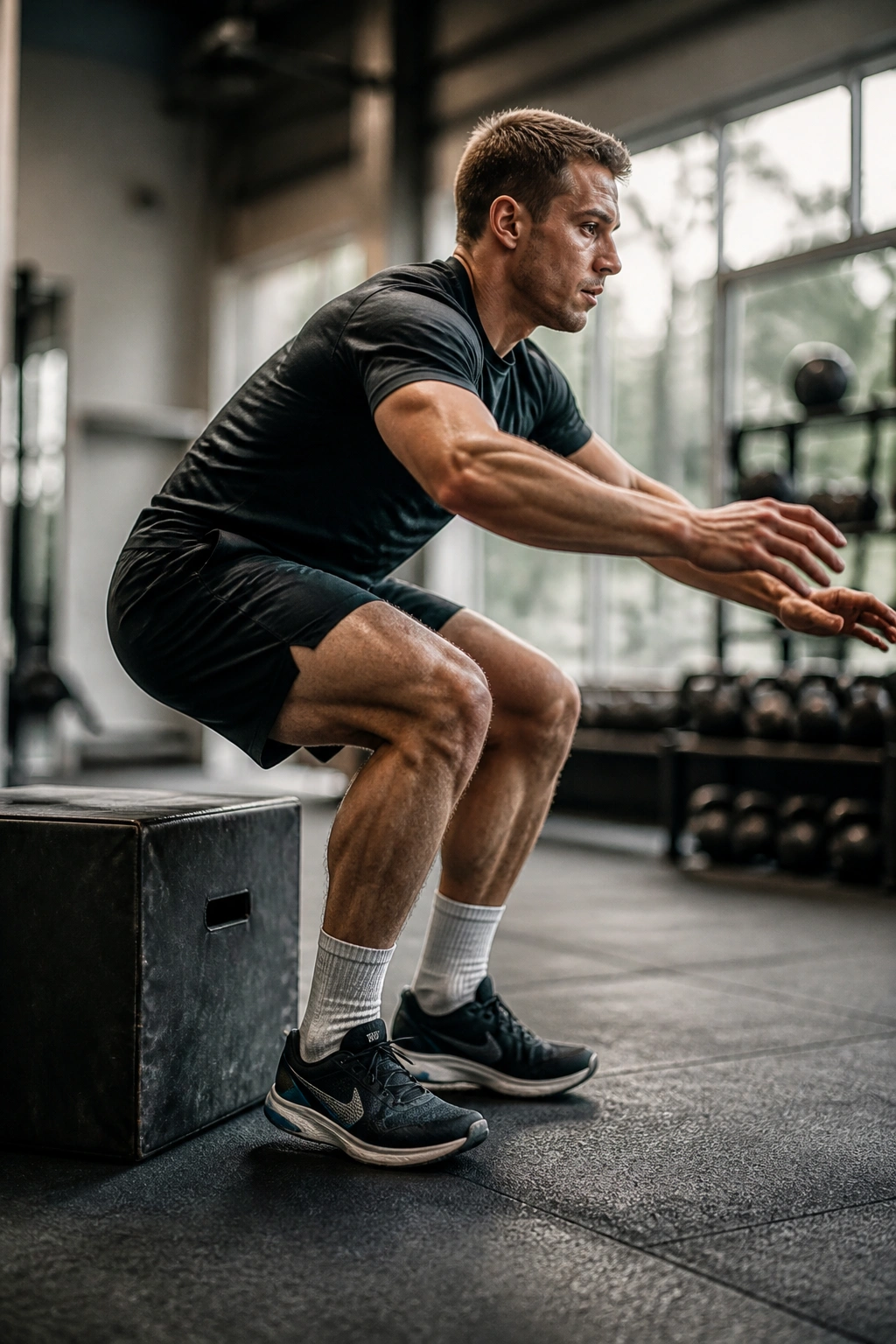 Athlete performing a depth jump off a low box in gym