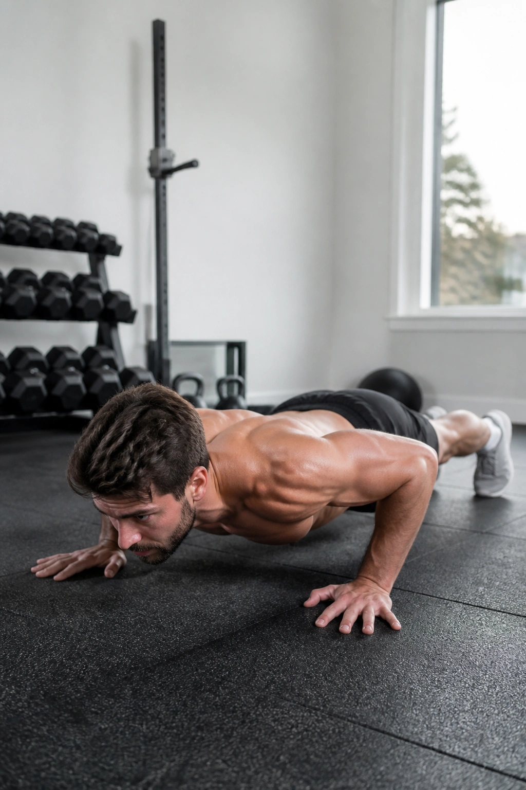 Action shot of a person doing a burpee in a descending ladder workout at home