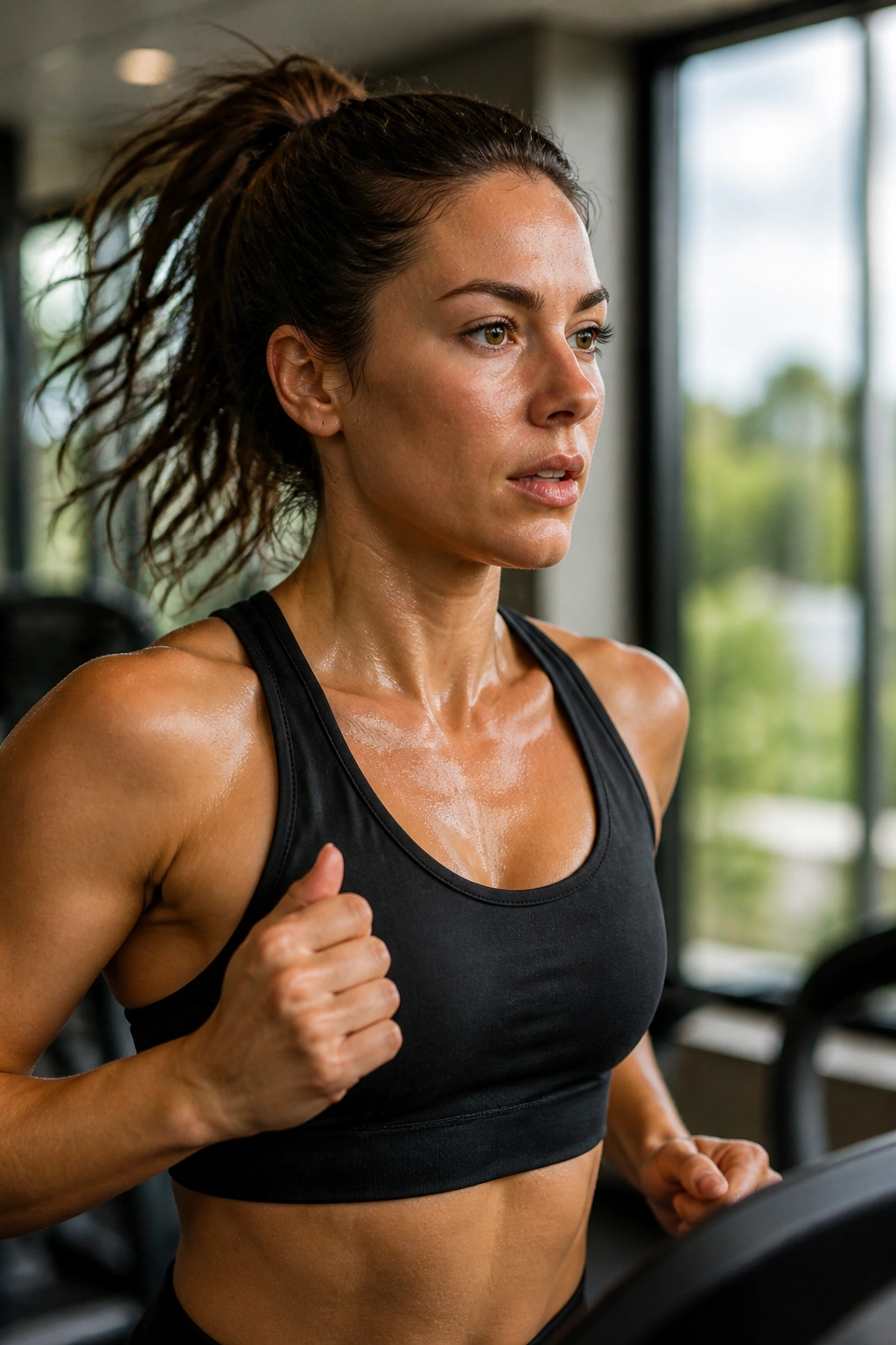 Runner on treadmill performing descending pace run with progressive effort