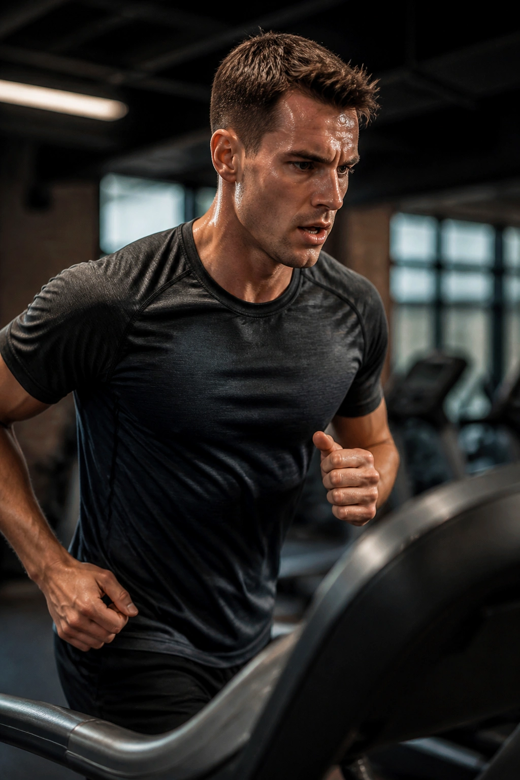 Runner on treadmill performing a descending endurance test with hard pace