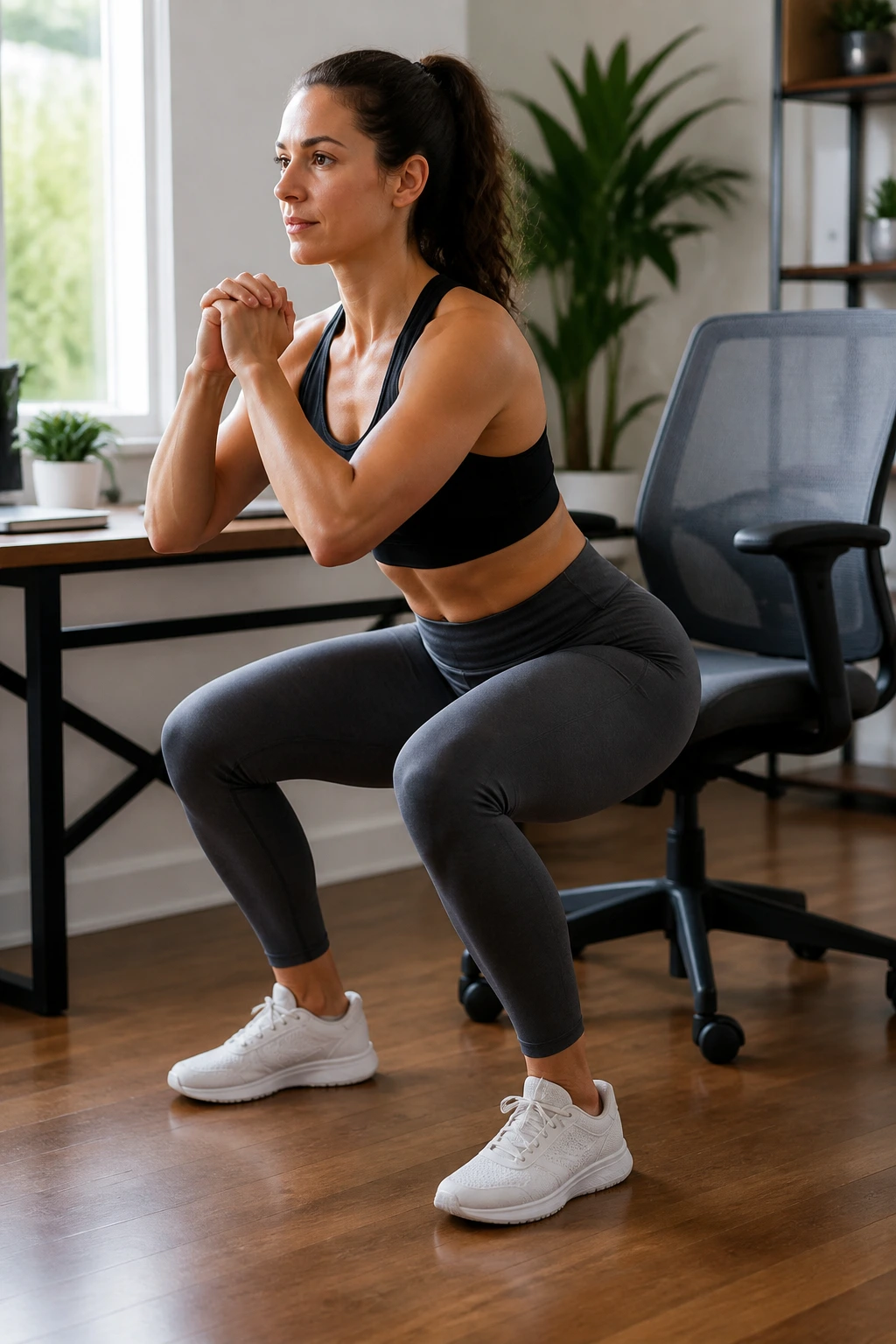 Person doing chair squats in a home office