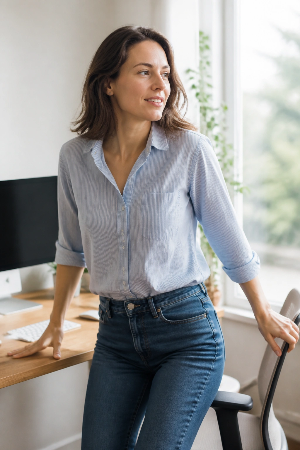 Portrait of a person standing up from a desk in a bright home office