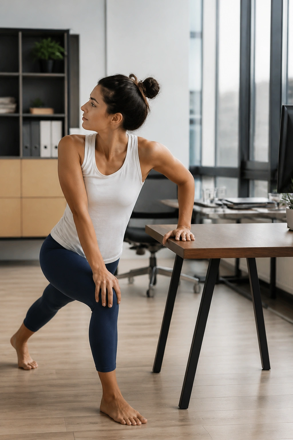 Full-body shot of a real person performing a desk-side twist in an office setting
