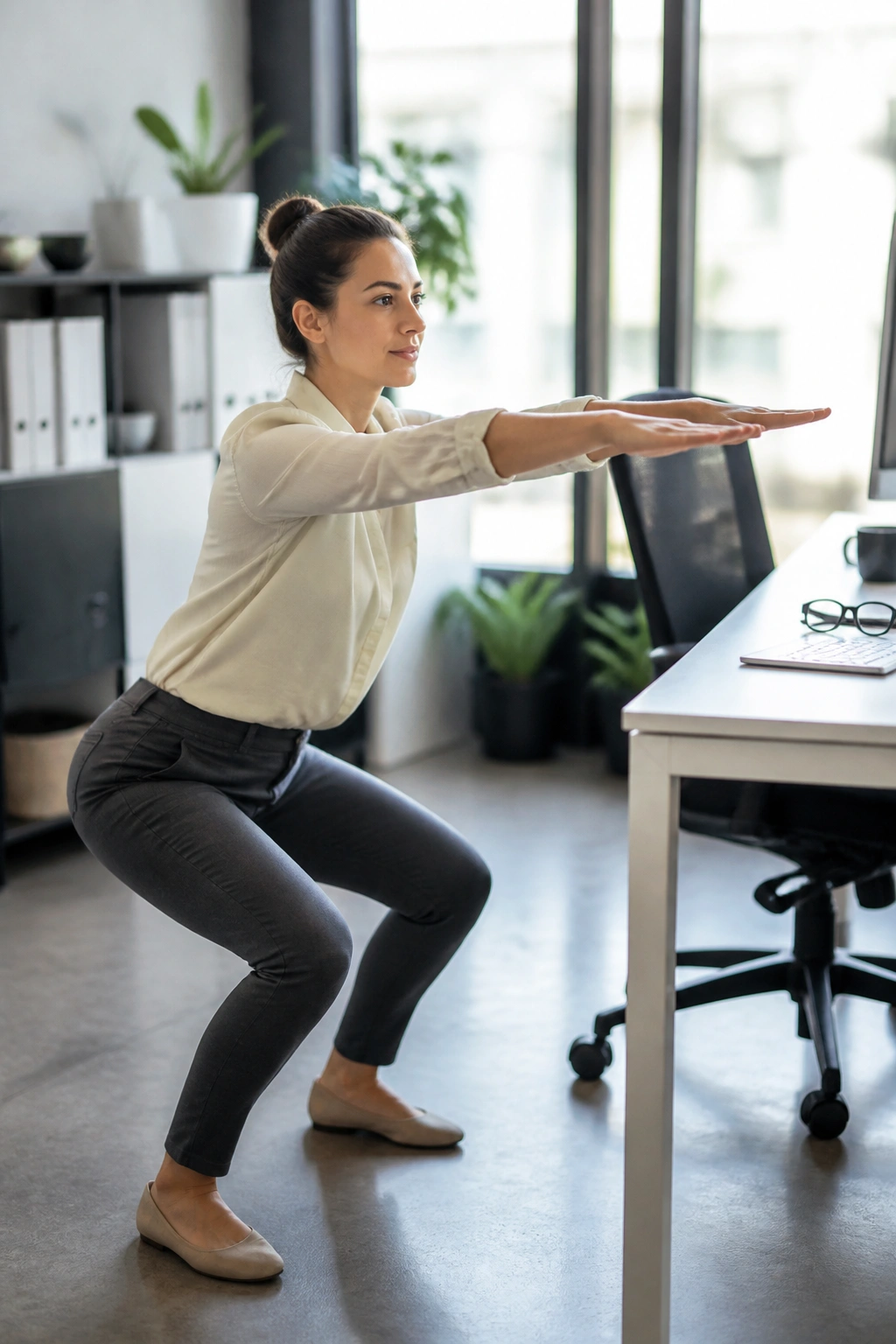 Person taking a brief movement break at a desk in an office.