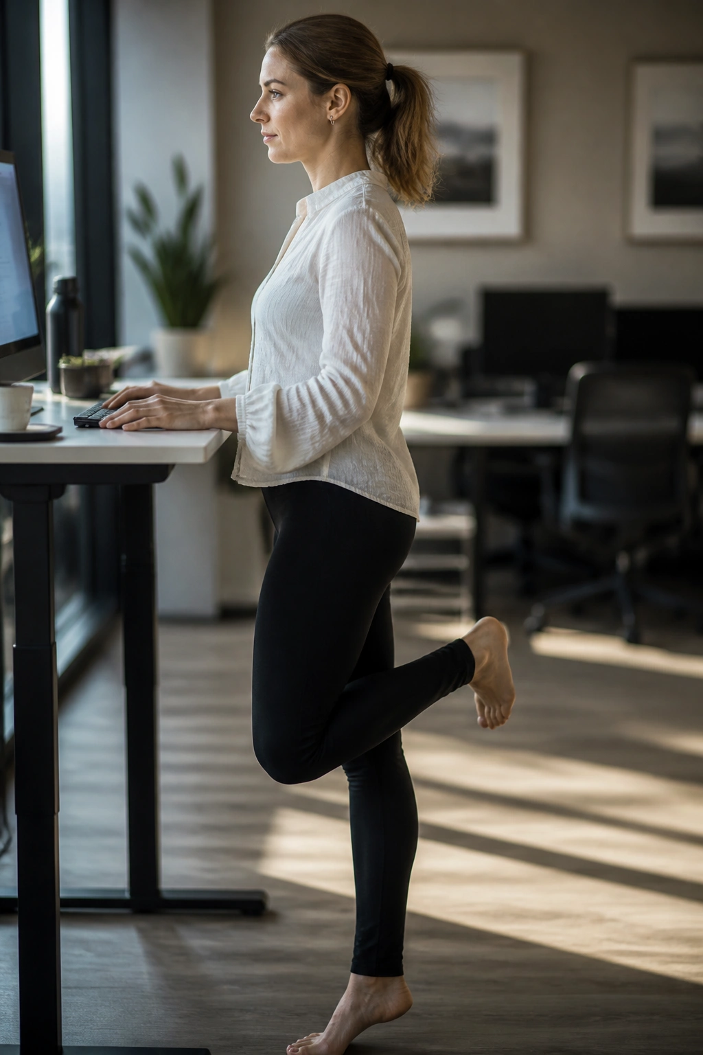 Office desk-friendly barre move performed at a standing desk