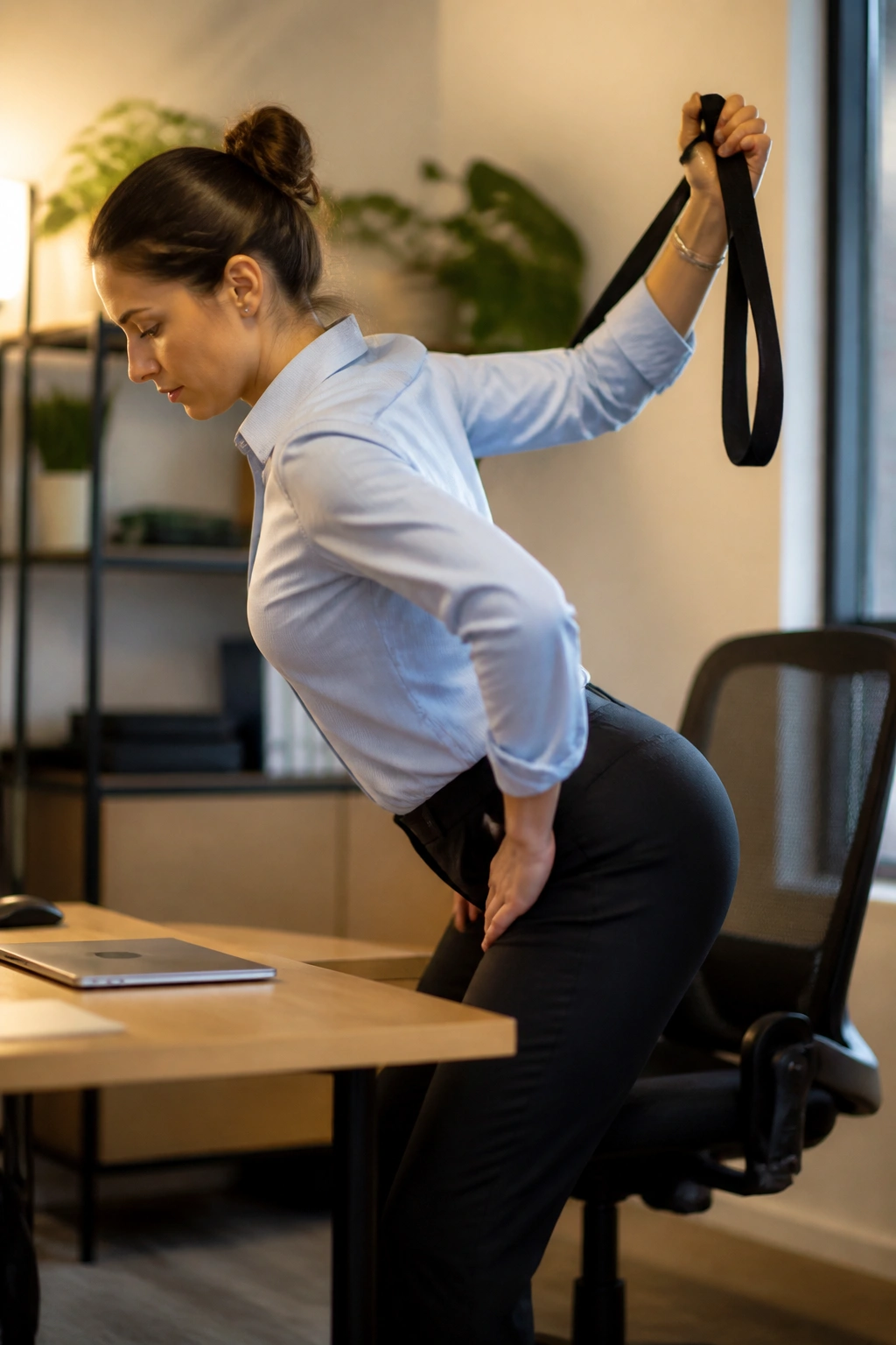 Medium-close portrait of an office worker performing hip and shoulder mobility at a desk