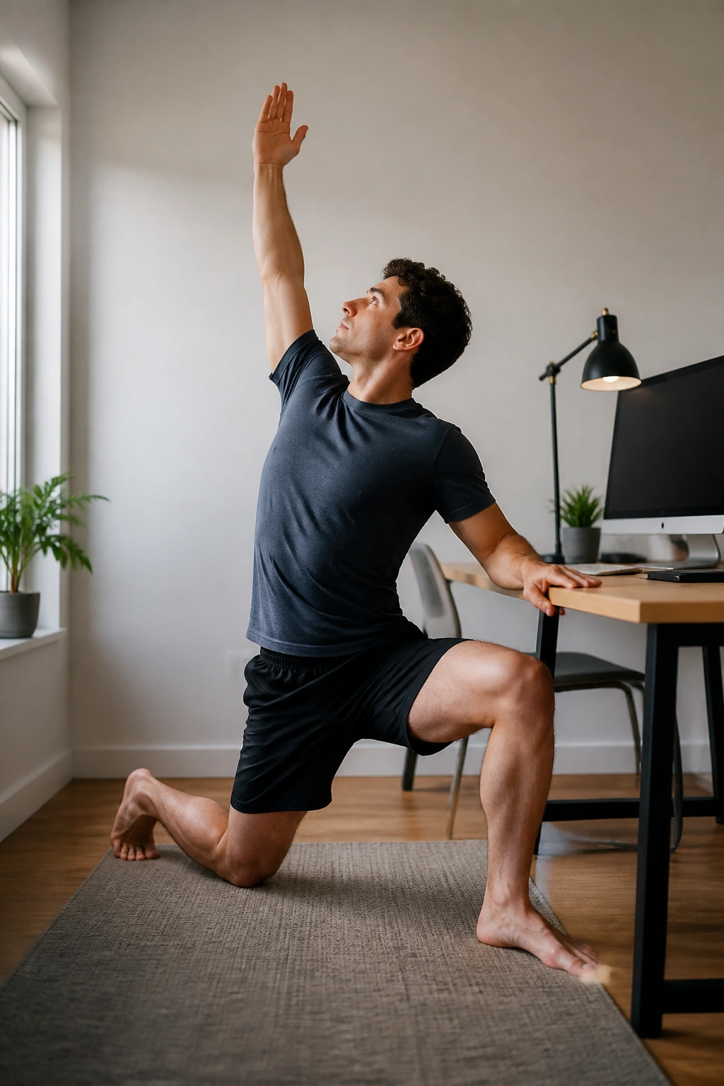 Person doing desk-ready mobility stretch near a desk in a home office for desk reset flow.