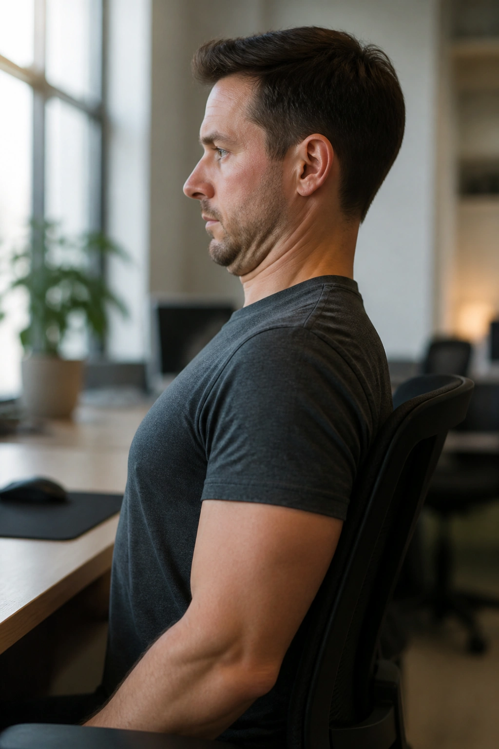 Close-up of a person performing a chin tuck at a desk in an office for desk posture.