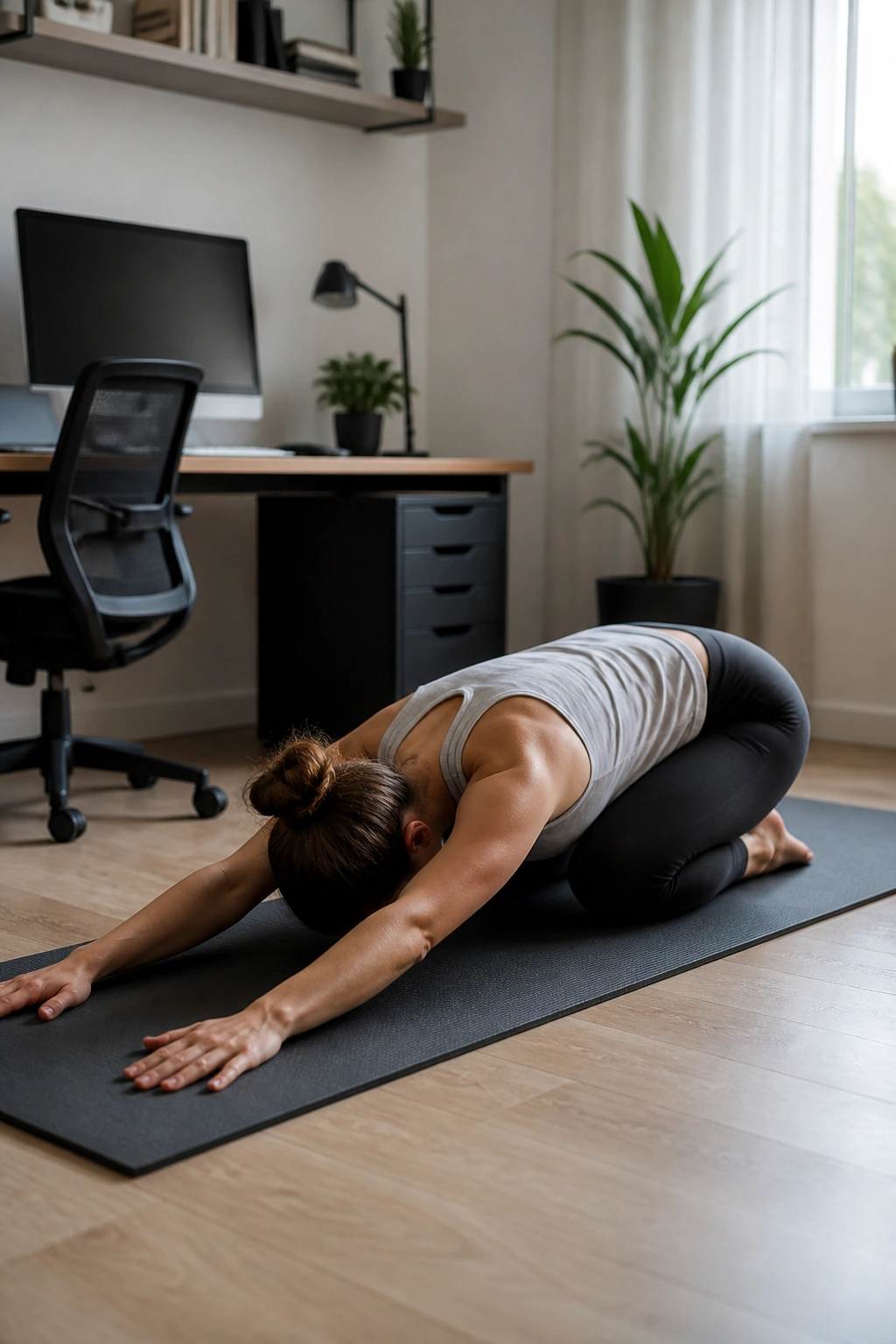 Person in puppy pose in a home office setup