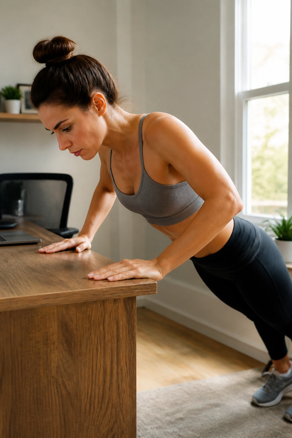 Close-up of a person performing desk-lean incline push-ups in a bright home office