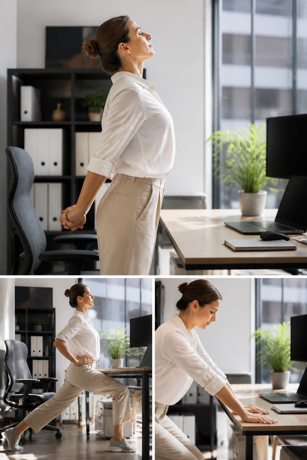 Person performing desk reset for neck wrists at a desk in an office