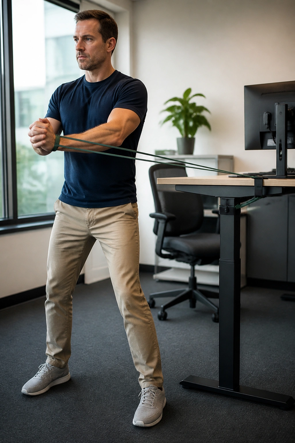 Office worker performing Pallof press at desk for desk-worker balance plan