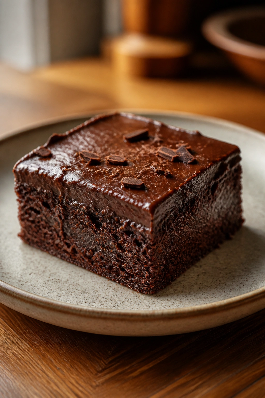 Close-up of a single square chocolate dessert plated on a small dish