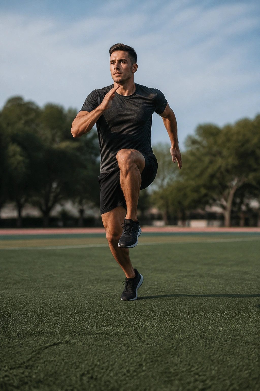 Athlete performing diagonal bound and stick with controlled landing.