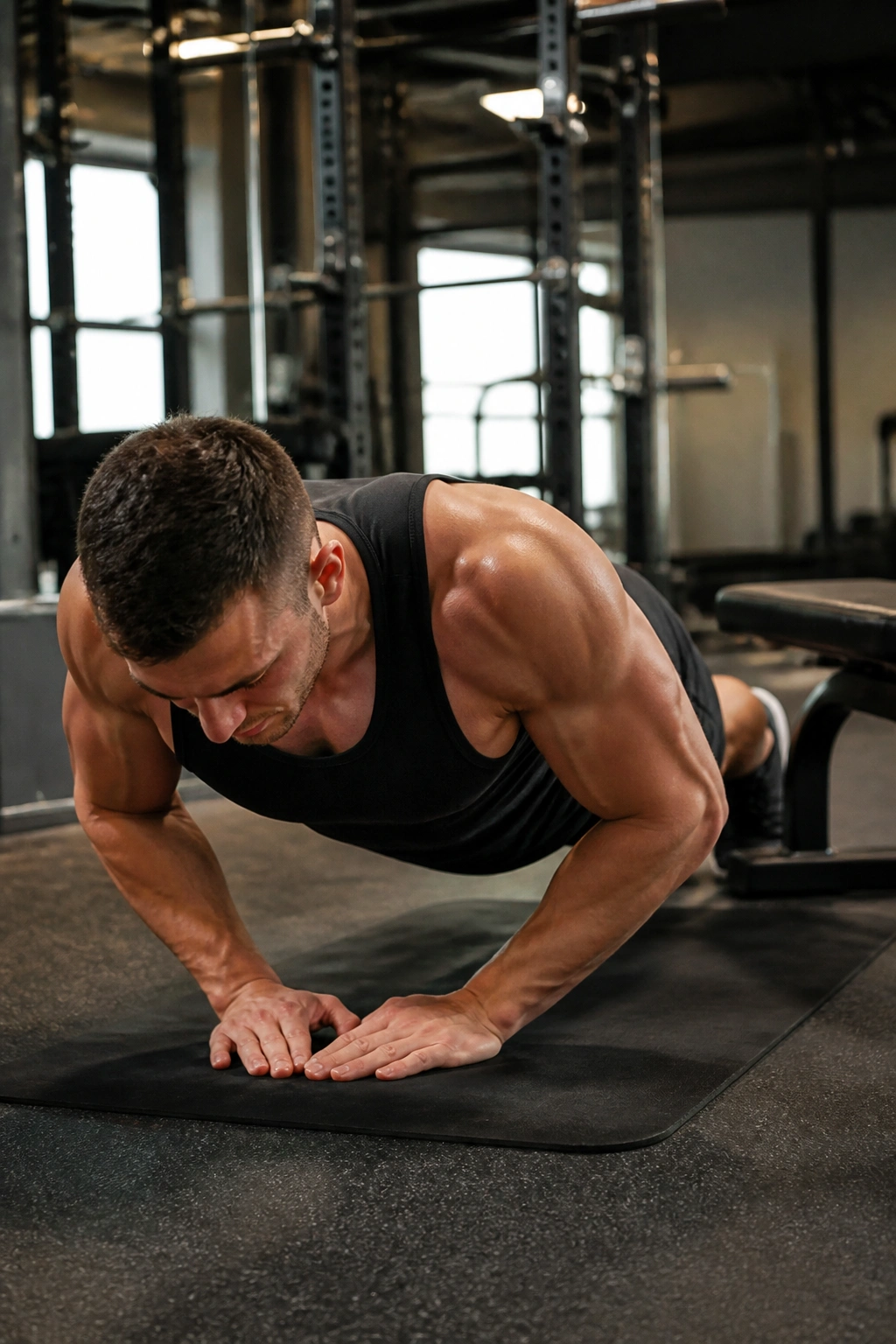 Person performing a diamond push-up with a bench for dips nearby.