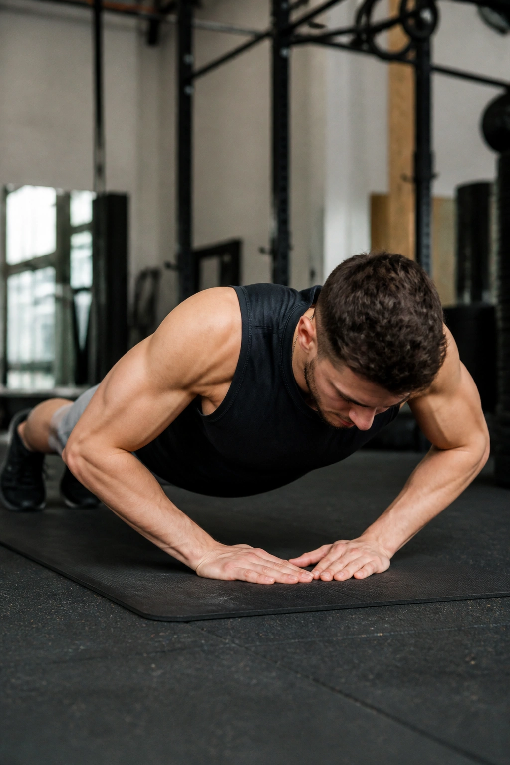 Mid-shot of person performing diamond push-up on mat