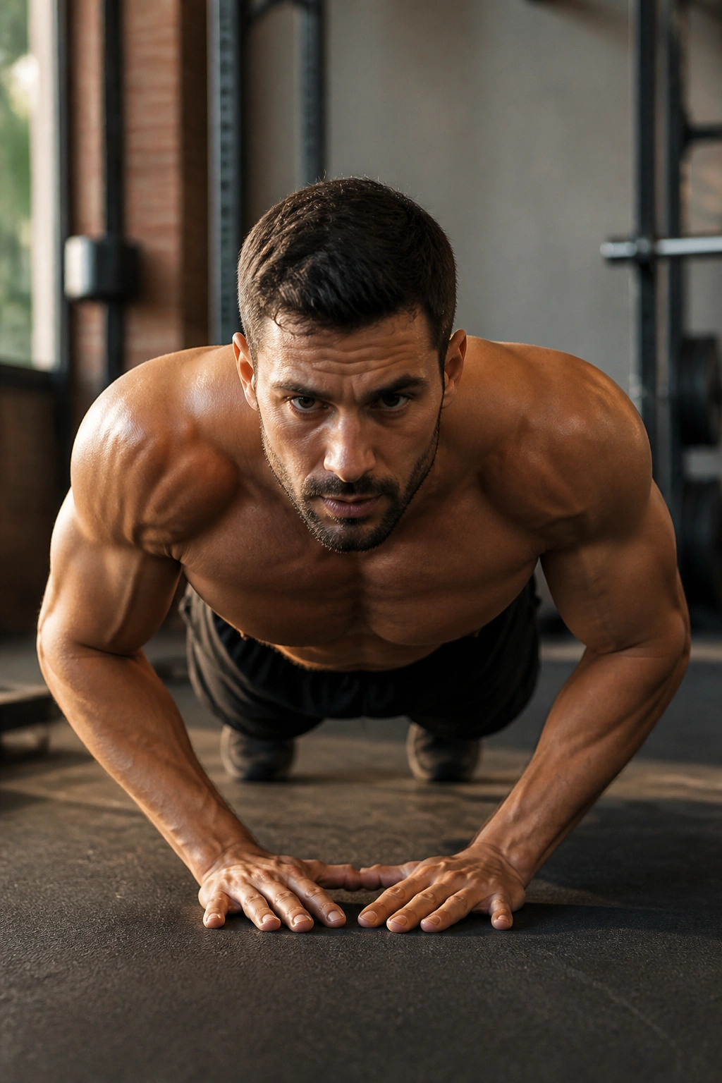 Close-up of a real person doing diamond push-ups in a gym