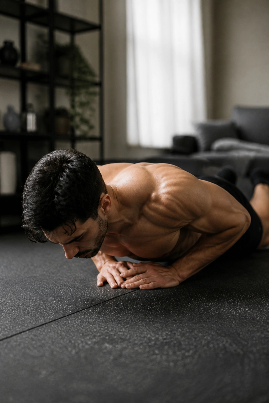 Real person performing a slow diamond push-up negative on a mat