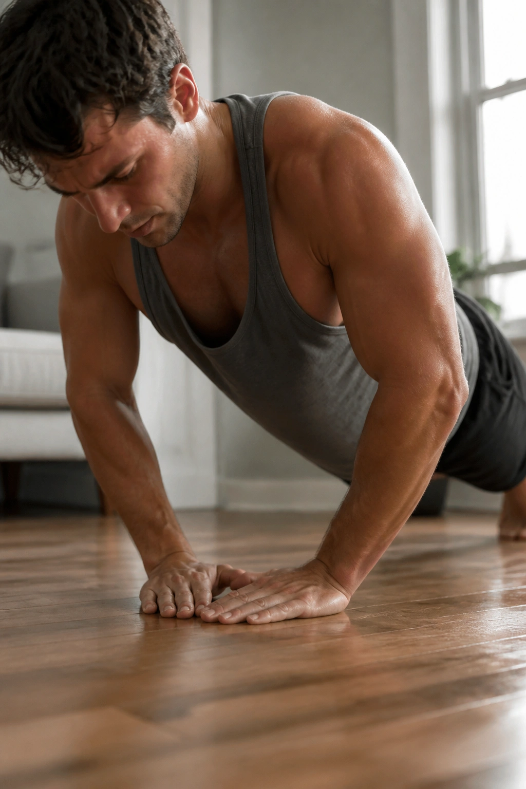 Close-up of hands forming a diamond during push-up, emphasizing triceps engagement on a home floor.