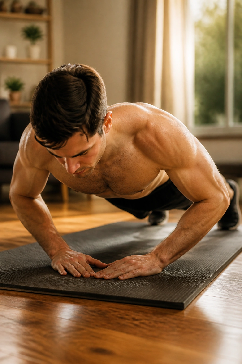 Close-up of a person performing a diamond push-up on a yoga mat with elbows tucked.