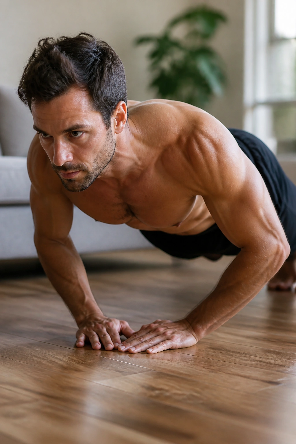 Medium close-up of person performing diamond push-ups on home floor