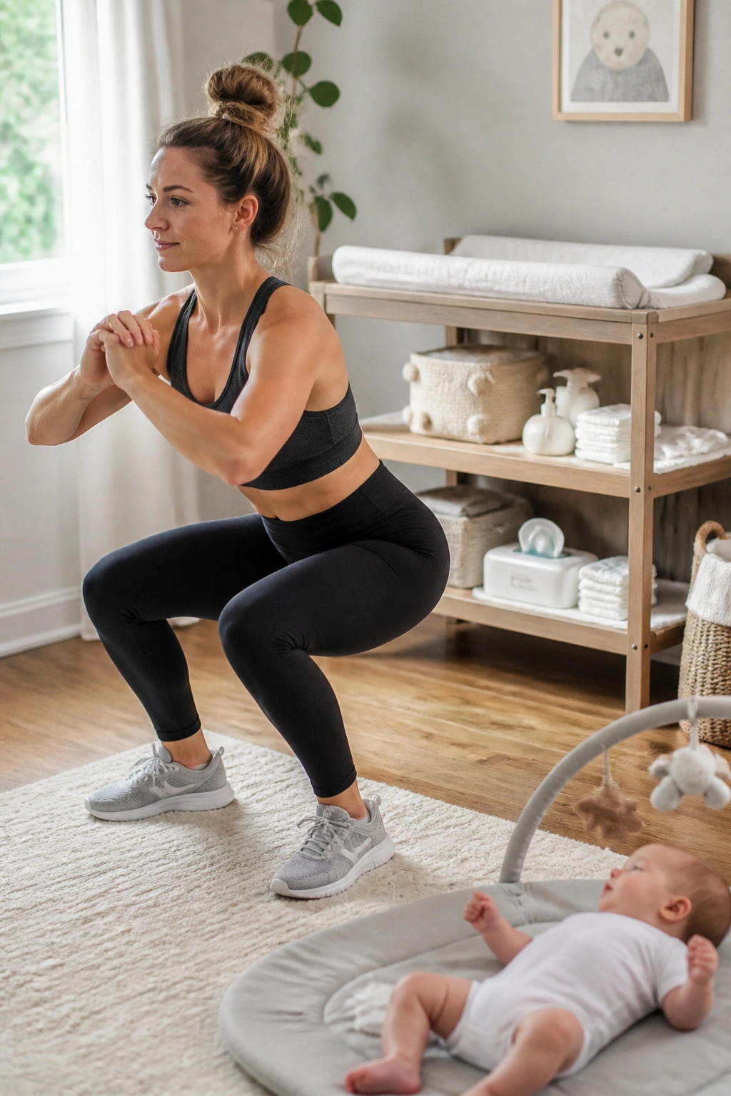 Person squatting near a diaper-changing station in a nursery