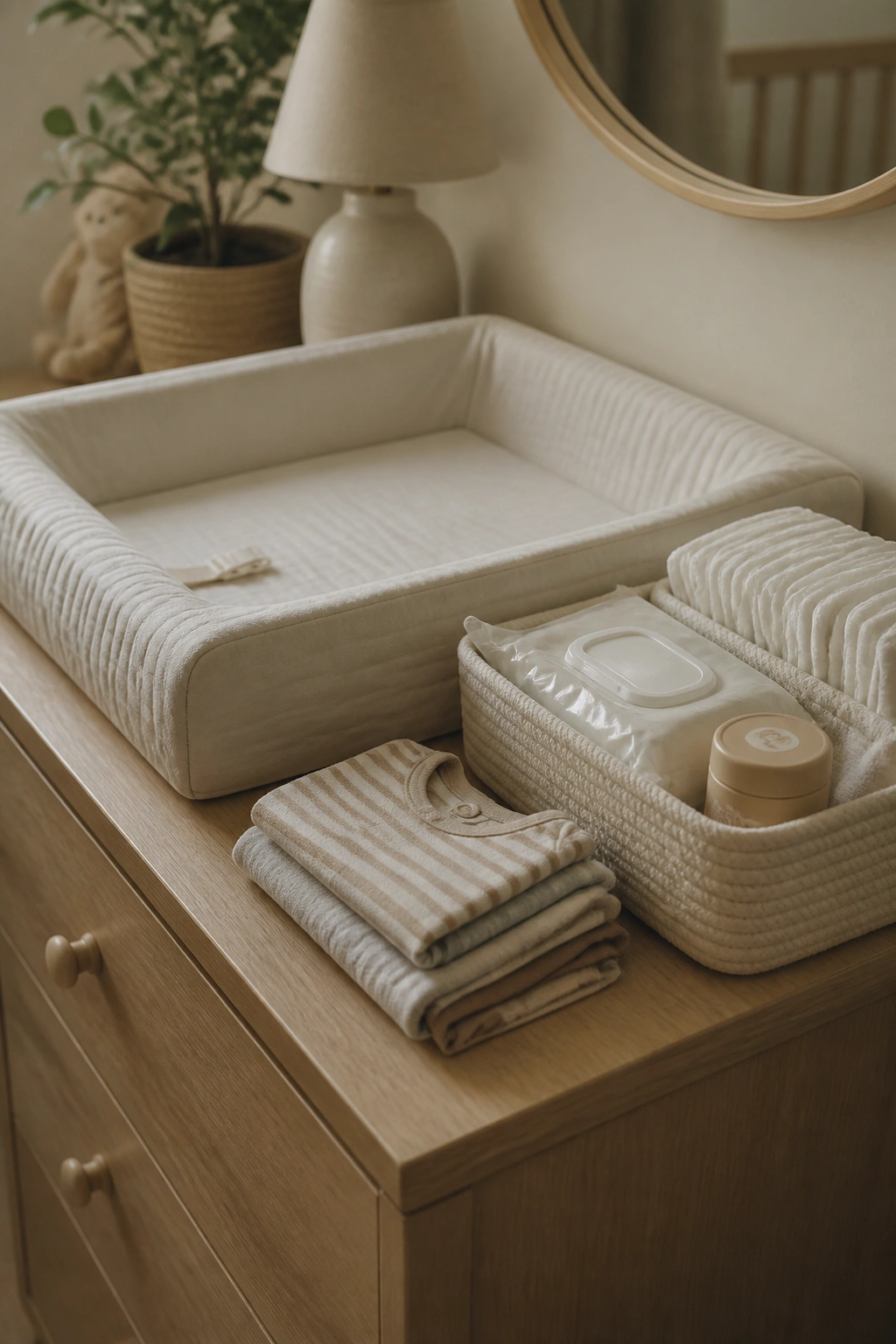 Close-up of a diapering station with essentials within arm's reach