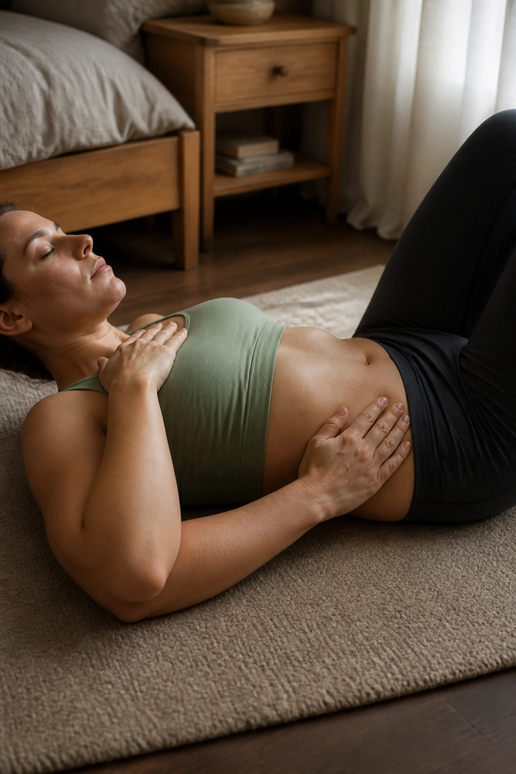 Close-up of a person practicing diaphragmatic breathing, abdomen rising with inhale, in a bedroom