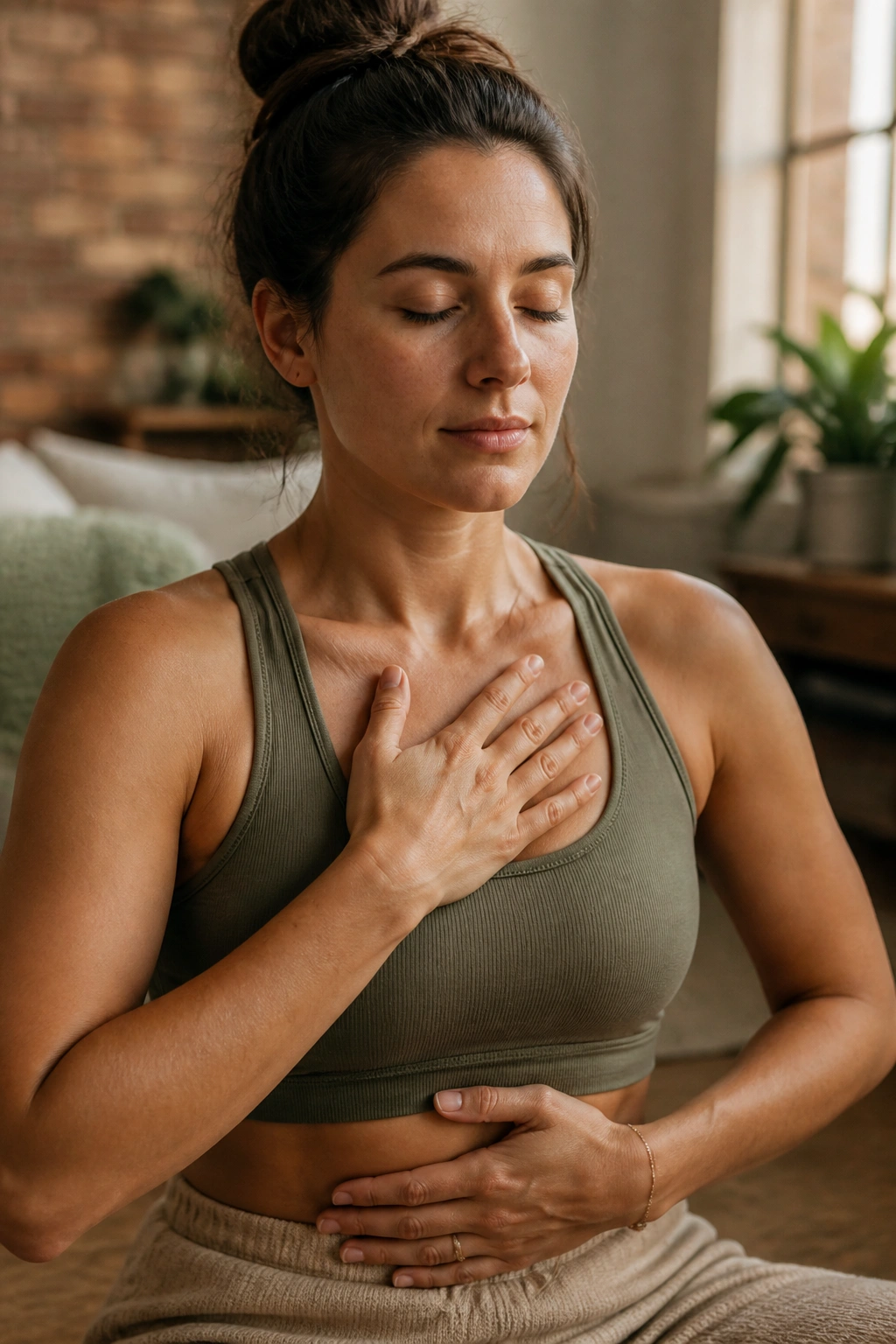 Diaphragmatic breathing close-up with hands on belly and chest in a calm room