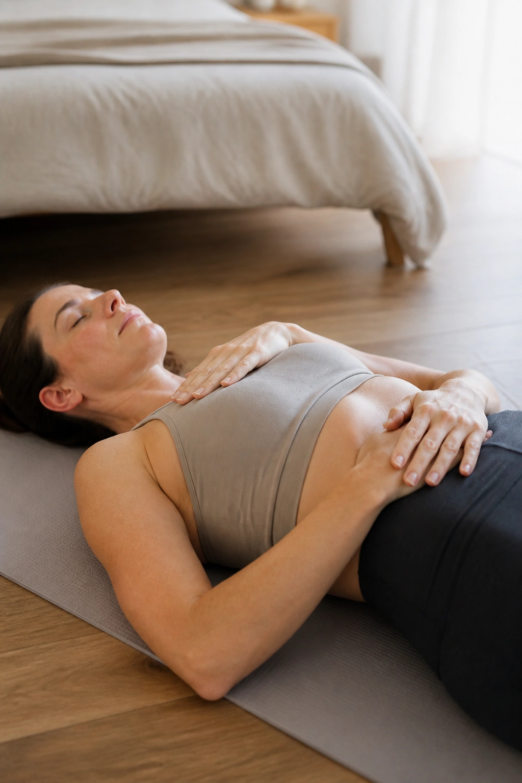 Medium close-up of a person on a mat demonstrating diaphragmatic breathing with hands on ribs and abdomen